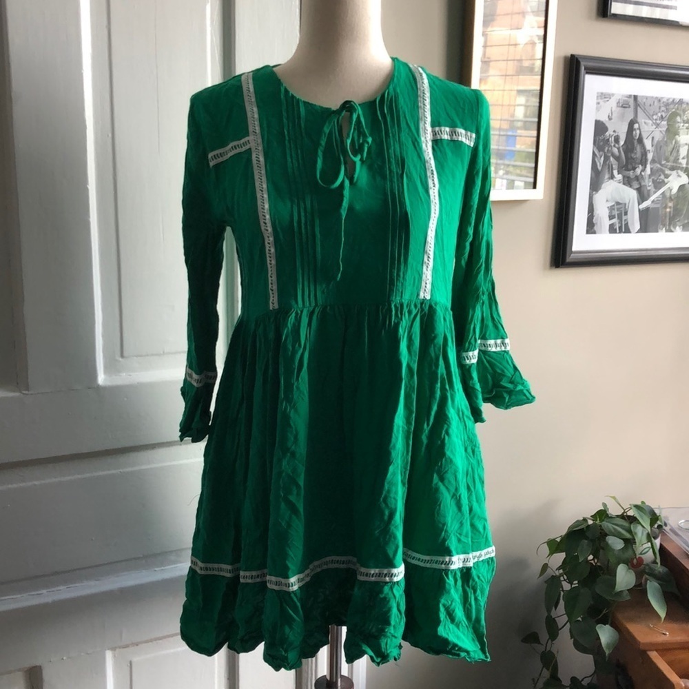 Violet Weekend 3/4 Ruffle Sleeve V Neck Mini Peasant Dress